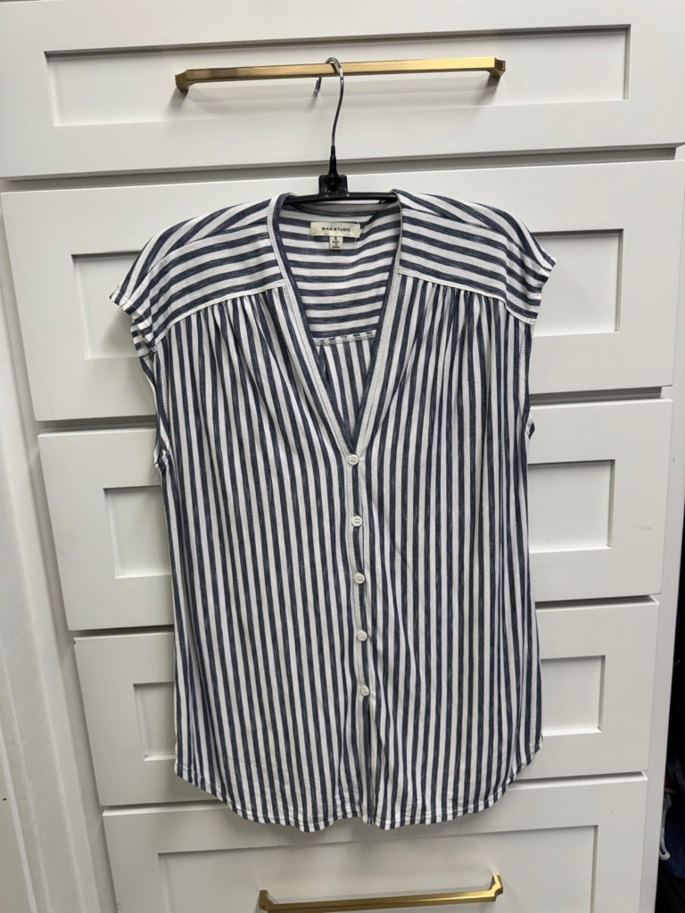 Max Studio Navy and White Striped Cap Sleeve Button-Front Top